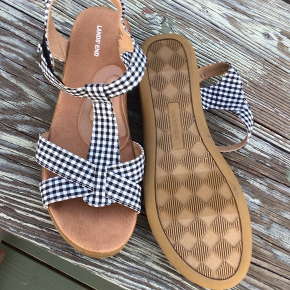 Land End Ginghams Black White Plaid Velcro Straps Summer Women Sandals - Picture 4 of 8